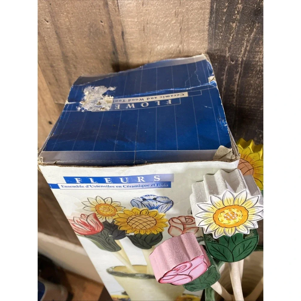 Wooden Cooking Utensil 6 Hand‎ Painted Flower Handle Ceramic Basket Tool Holder